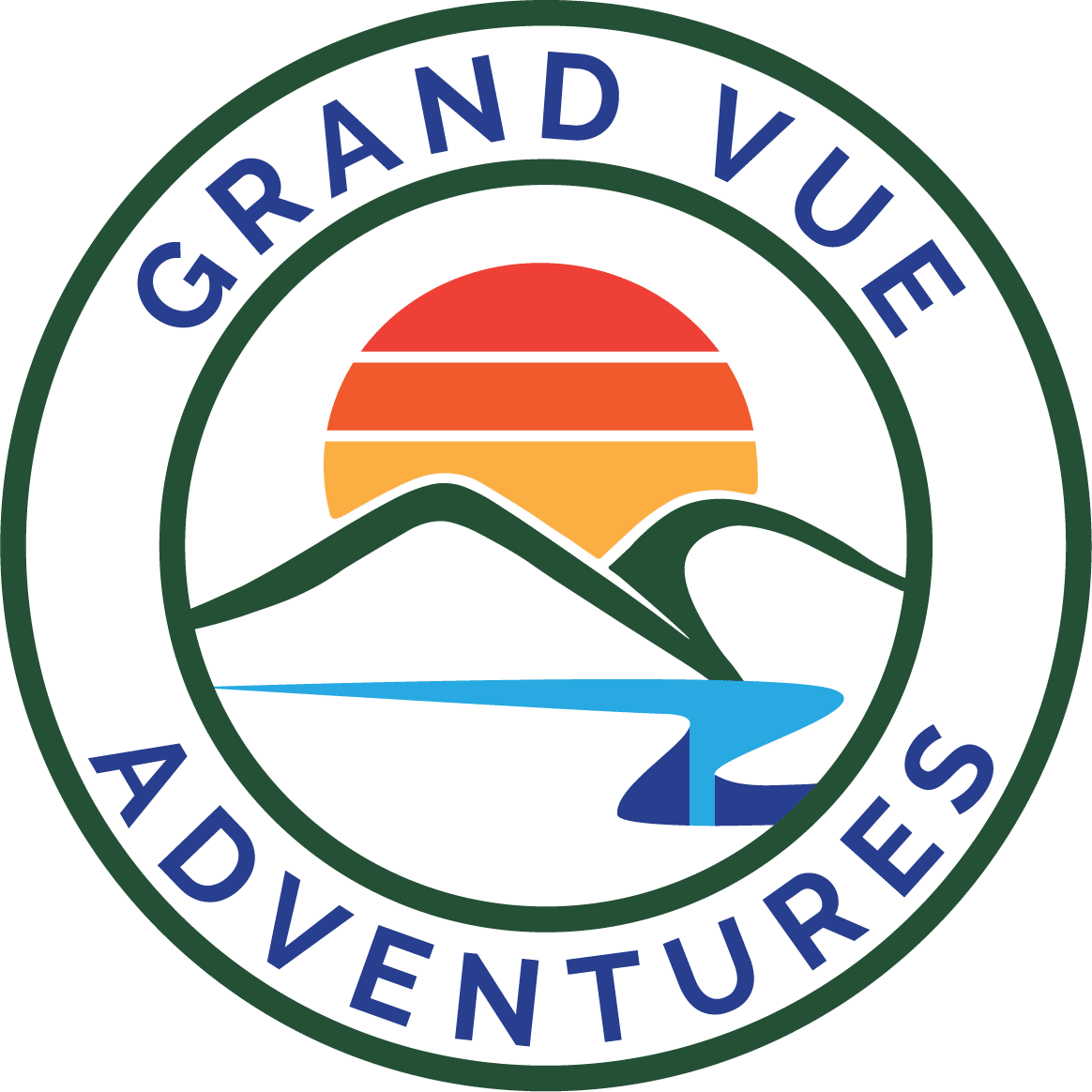 Grand Vue Adventures logo featuring a stylized sunset behind mountains with a river in the foreground